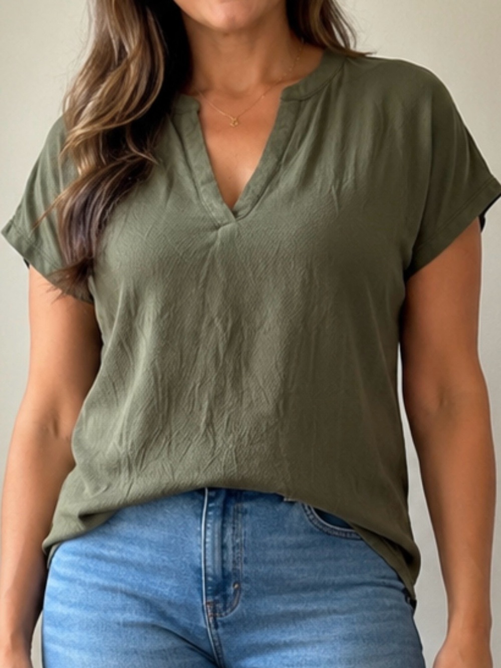 Olive V-Neck Short Sleeve Blouse - M
